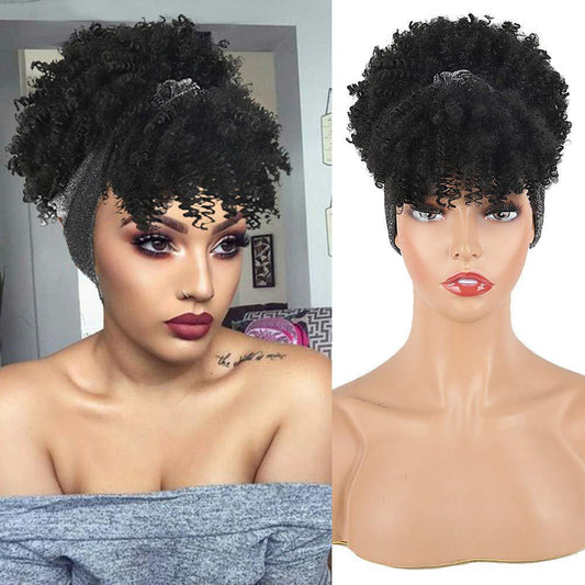 Amazon New Small Curly Hair Turban Wig Synthetic Wig with Bangs Fluffy Short Curly Hair Cap