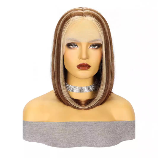 Piano color wig European and American Fashion Wig T Front Lace Synthetic Hair Cap  Medium-length Straight Hair with Middle Part bob